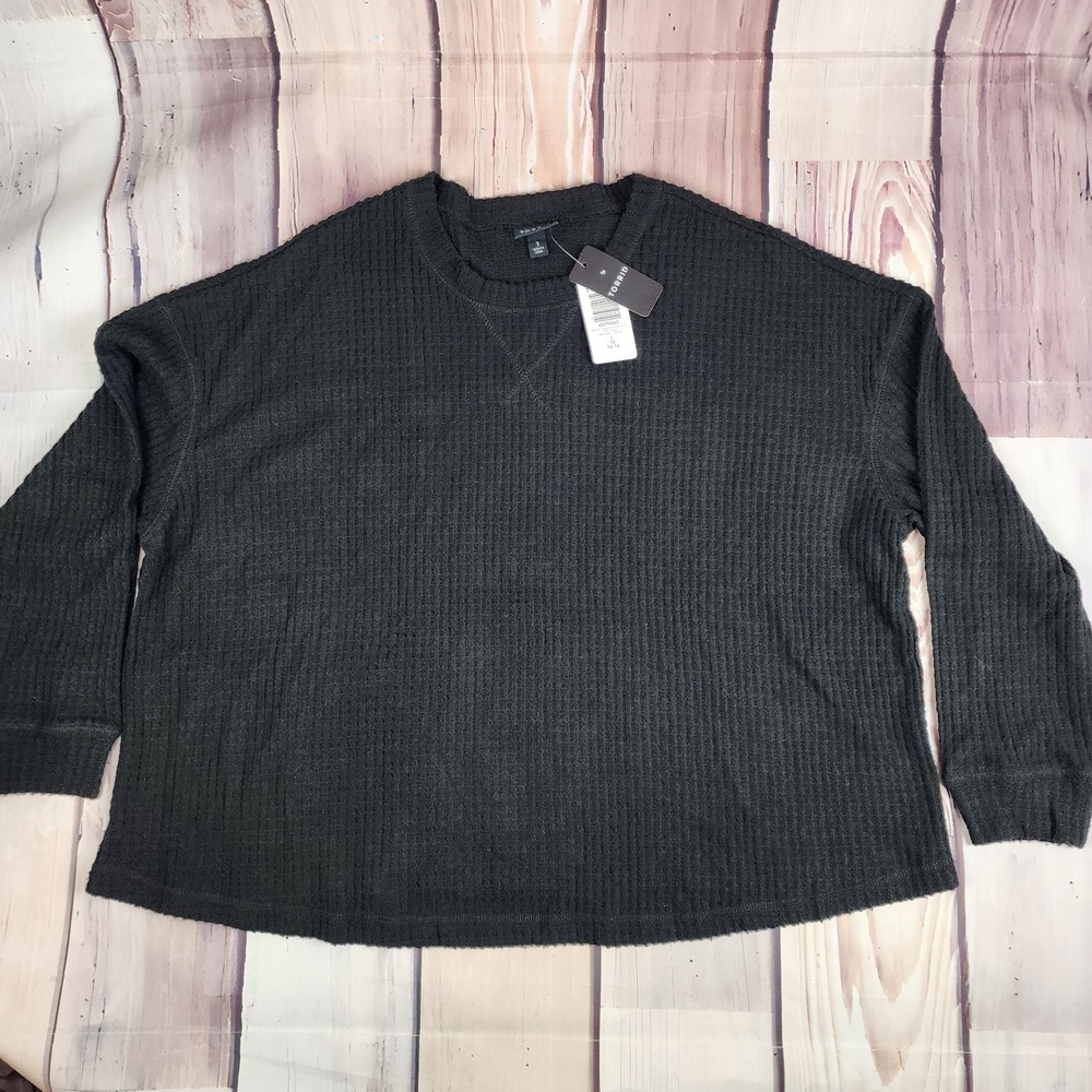TORRID Plus Size 1 Brushed Waffle Crew Neck Long Sleeve Drop Shoulder Top Black